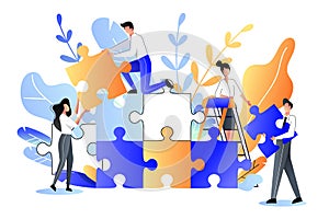 Young people collect multicolor puzzle. Vector flat illustration. Development, teamwork, partnership business metaphor