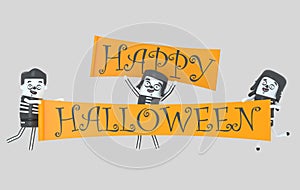 Young people in costumes holding halloween banner. Halloween. 3d illustration photo