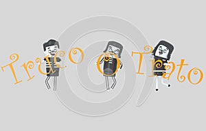 Young people in costumes holding truco trato letters. Halloween. 3d illustration photo