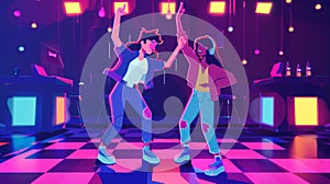 The young people dancing at a night club disco party, moving with their hands raised. Teenagers nightlife activity in a