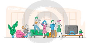 Young People Dancing, Singing Karaoke at Home Concept. Male and Female Friends Company Characters Sing with Microphones