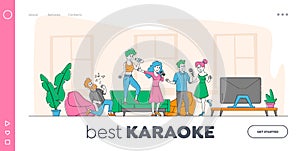 Young People Dancing and Singing Karaoke at Home Landing Page Template. Friends Company Characters Sing with Microphones