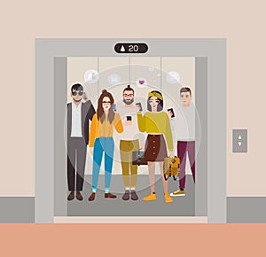 Young people dressed in trendy clothes standing in elevator with open doors and using smartphones. Group of various men