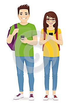 Young people with gadgets and backpacks