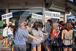 Young people get excited in street `free hug`