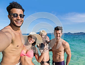 Young People Group On Beach Summer Vacation, Two Couple Happy Smiling Friends Taking Selfie Photo