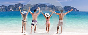 Young People Group On Beach Summer Vacation, Two Couple Raised Hands Friends Seaside