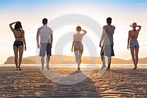 Young People Group On Beach At Sunset Summer Vacation, Friends Walking Seaside Back Rear View