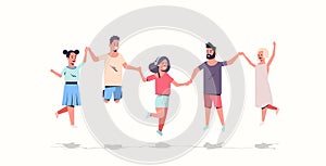 Young people group holding hands men women jumping together friends having fun male female cartoon characters full