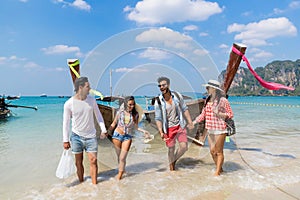 Young People Group Tourist Long Tail Thailand Boat Ocean Friends Sea Vacation Travel Trip