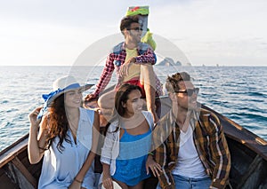 Young People Group Tourist Sail Long Tail Thailand Boat Ocean Friends Sea Vacation Travel Trip