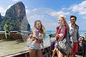 Young People Group Tourist Sail Long Tail Thailand Boat Ocean Friends Sea Vacation Travel Trip