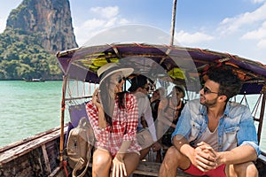 Young People Group Tourist Sail Long Tail Thailand Boat Ocean Friends Sea Vacation Travel Trip photo