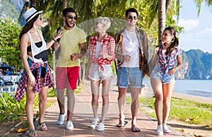 Young People Group Tropical Beach Palm Trees Friends Walking Speaking Holiday Sea Summer Vacation