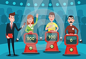 Young people guessing quiz questions. Intellectual game show studio with buttons on stands vector illustration