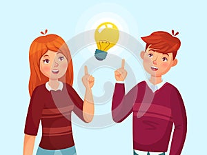 Young people have idea. Students couple having solution, teenagers ideas lamp bulb metaphor and teen cartoon vector