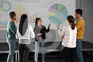 Young people having business training in room with projection screen