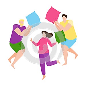 Young people having fun at a pajama sleepover party. Two guys and a girl fight with pillows. Colorful concept for pajama party or