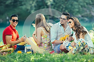 Young people having picnic near the river.