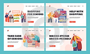 Young People Help Elderly Characters Shopping in Grocery Store Landing Page Template Set. Volunteers Support Pensioners