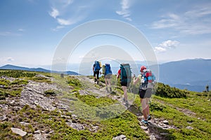 Young people are hiking in Carpathian mountains