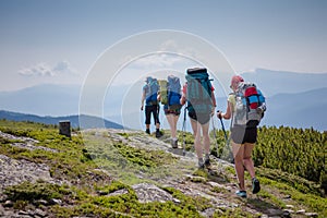 Young people are hiking in Carpathian mountains