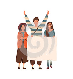 Young people holding blank placard flat vector illustration. Students protest, youth social movement concept. Happy