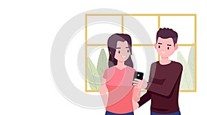 Young people holding smartphone for texting, talking, taking selfie, smartphone usability, Flat vector illustration