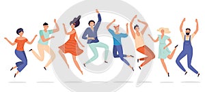 Young people jump. Jumping teenagers group, happy teen laughing students and smiling excited people flat vector illustration