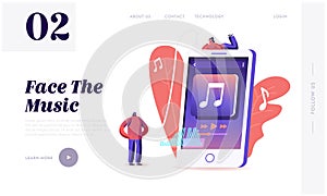 Young People Listen Music on Mobile Phone Website Landing Page. Characters Wearing Headphones Enjoying Sound