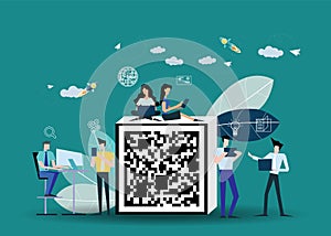 Young people looking for likes on social media  with QR code - Text innovation,icon  Business/Finance  -  Creativity modern Idea a