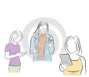Young people are looking into their gadgets. communication in social networks. vector illustration.