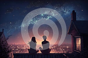 Young people in love looking at the night sky with stars and the Milky Way, illustration generated by AI