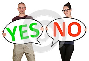 Young people man woman choosing voting yes no