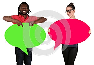 Young people man woman holding empty speech bubbles with copyspace