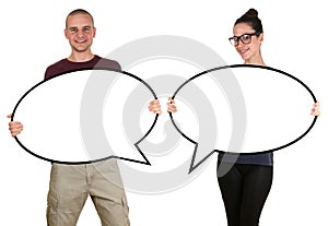 Young people man woman holding empty speech bubbles with copyspace isolated