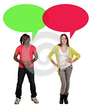 Young people man woman talking with speech bubble and copyspace