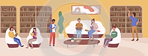 Young people at modern public library vector flat illustration. Focused man and woman reading book, use laptop, sitting