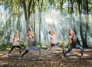 Young people perform stretching exercises in forest photo
