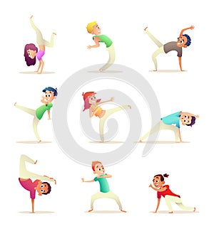 Young people practice capoeira movement. Kids doing different combat elements of martial arts. Cartoon design character