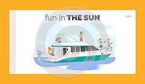 Young People Relaxing on Luxury Yacht at Ocean Landing Page Template. Summertime Vacation, Happy Characters Rest