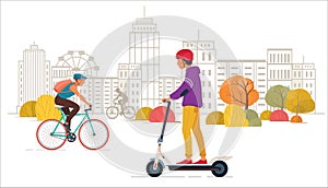 Young people ride an electric scooter and bike in the city background