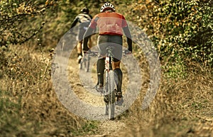 Young people ride a forest path on bicycles.