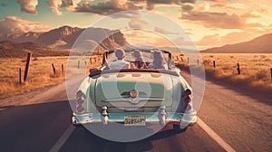 Young people ride in a vintage convertible back view. Generative AI.