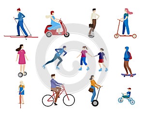Young people riding scooter, skates on sport transport outdoor character healthy cartoon vector illustration isolated on