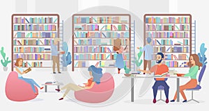 Young people sitting on comfy sofa and at table with armchairs studying and reading. Public library concept gradient