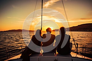 Young people sitting on the yacht deck sailing sea ocean in sunset. Summer, vacation, travel, sea, holidays, friendship