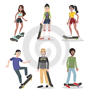 Young people in skate park skateboarding set