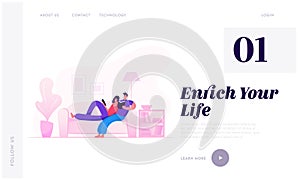 Young People Spend Free Time Together Website Landing Page. Couple of Woman and Man Sitting on Sofa at Home Reading Books