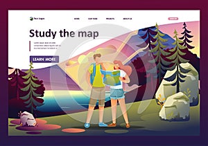 Young people study the map of the forest, camping. Flat 2D character. Landing page concepts and web design